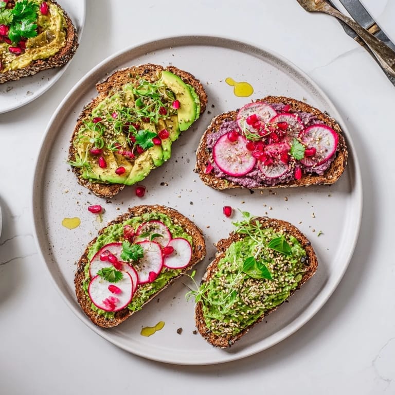 Colorful breakfast toasts featuring creamy ube and zesty avocado for a lively meal.  