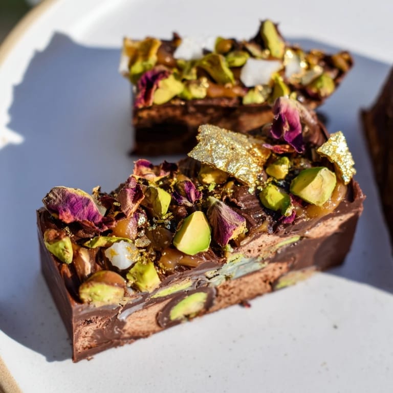 A vibrant display of Chocolate Bar Inspired Creations with edible gold leaf and rose petals.  