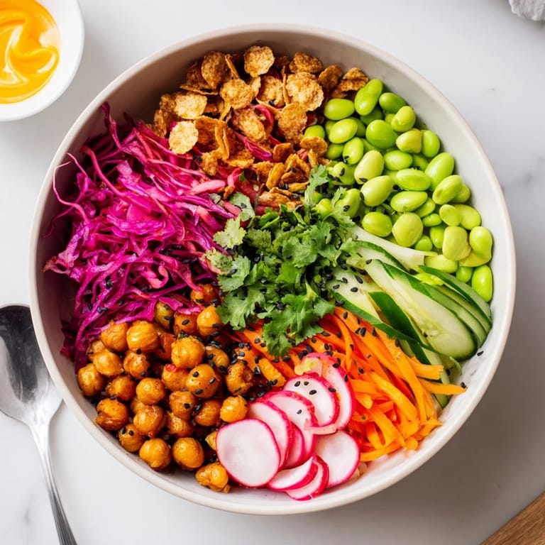 Delicious ASMR Crunch Snack Bowls topped with crispy chickpeas and rainbow carrots.  