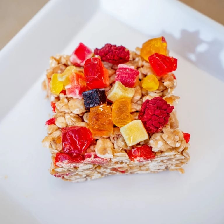 Delicious homemade gummies complement the oat base for a fun snack bar creation.