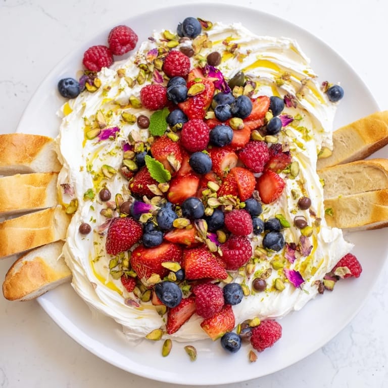 Delightful Butter Board Dessert, featuring whipped cream cheese and vibrant seasonal fruit.  