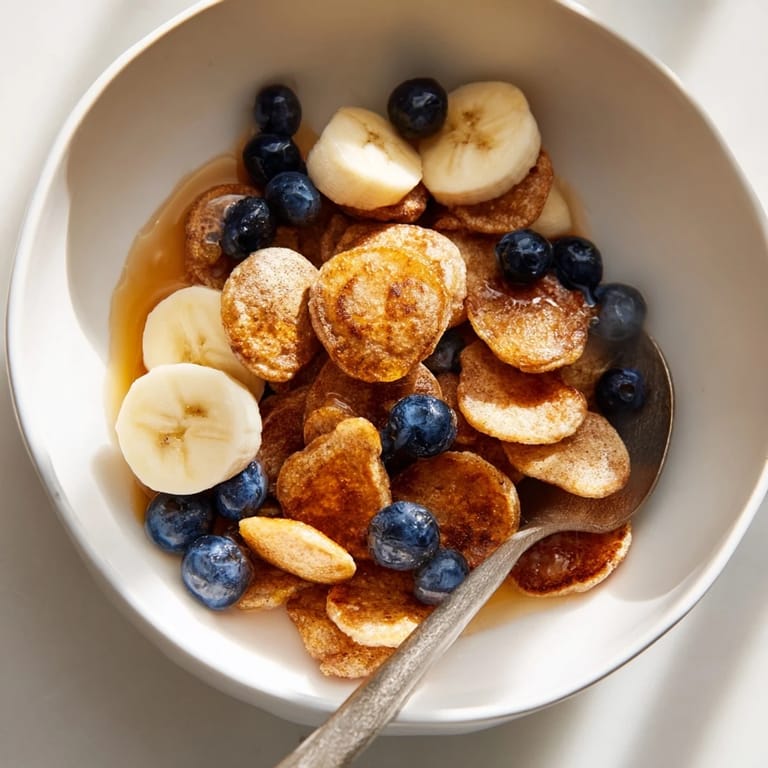 Bite-sized mini pancakes resembling cereal, perfect for breakfast with milk or honey.  