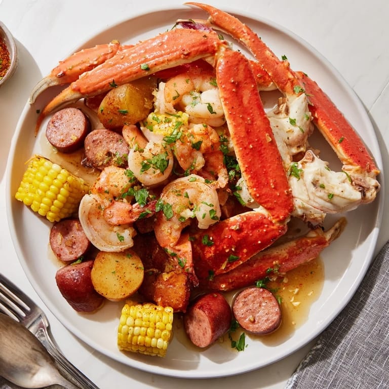 Colorful Southern seafood boil featuring tender potatoes and sweet corn, ready to enjoy.