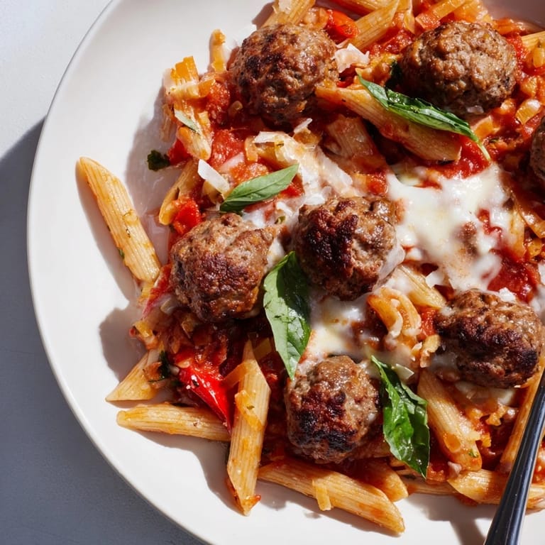 A comforting Italian Meatball Pasta Skillet simmered in rich tomato sauce and herbs.  