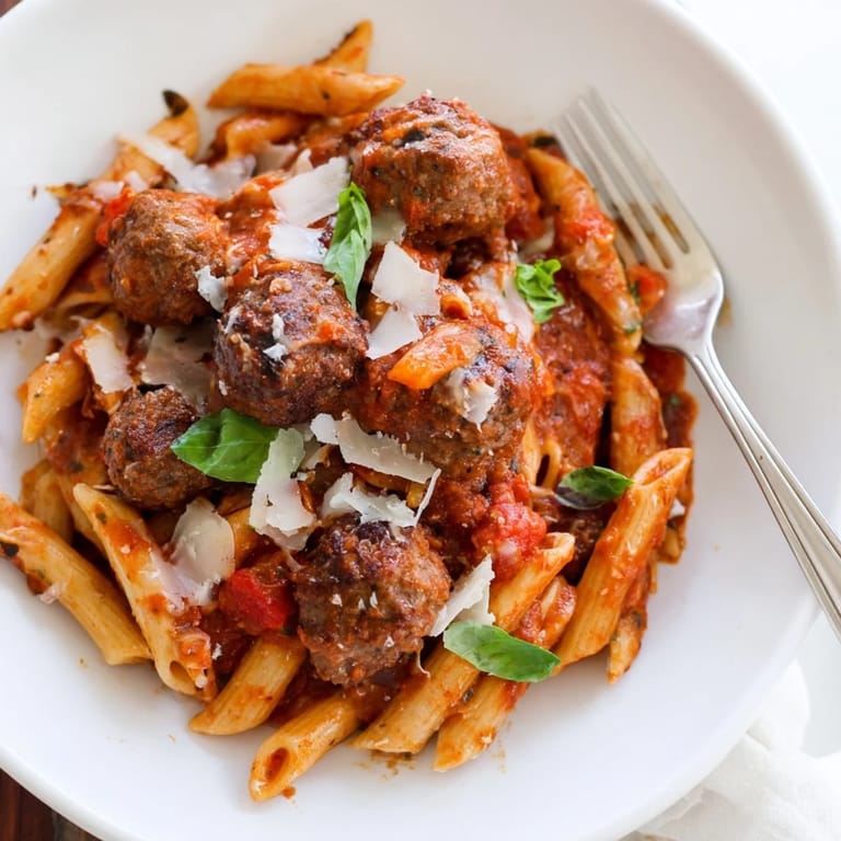 Delicious Italian Meatball Pasta Skillet served warm, ideal for family dinners.