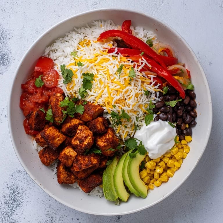 Golden, tender Sheet Pan Chicken Burrito Bowls loaded with colorful bell peppers and black beans for dinner.