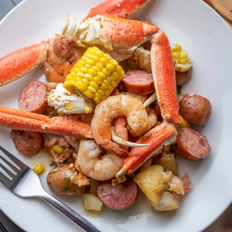 A delicious, close-up view of a Southern Seafood Boil piled high with crab legs.