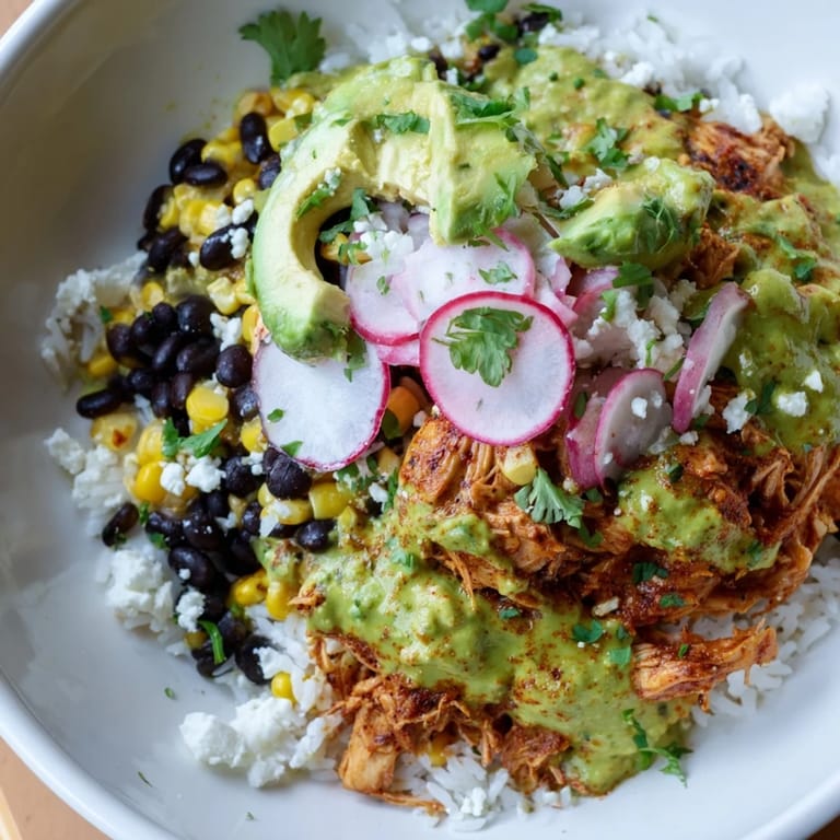 Fluffy rice bowls layered with chicken and zesty green enchilada sauce, Tex-Mex delight.