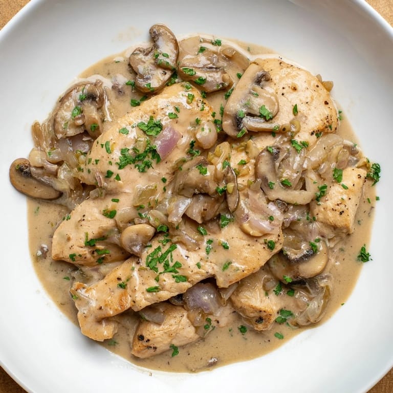 A close-up of rich, golden Creamy Chicken Stroganoff in a skillet, perfect for a cozy dinner.