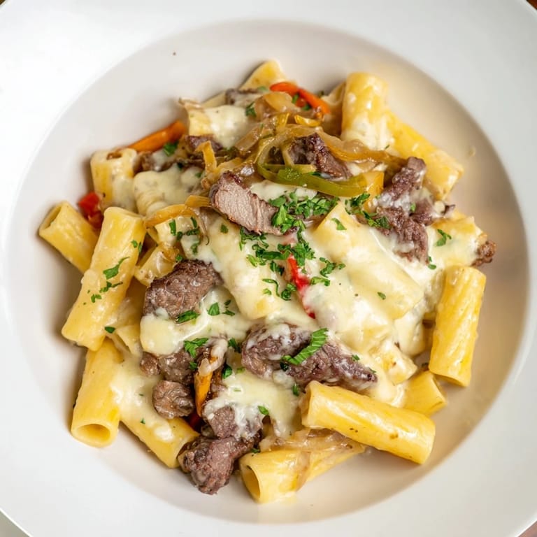 Forkful of flavorful Philly Cheesesteak Pasta, showing pasta coated in a creamy cheese sauce.