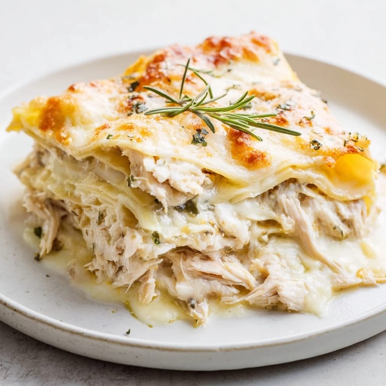 Steaming Rosemary Chicken Lasagna, with layers of tender chicken and creamy sauce, perfect for dinner tonight.