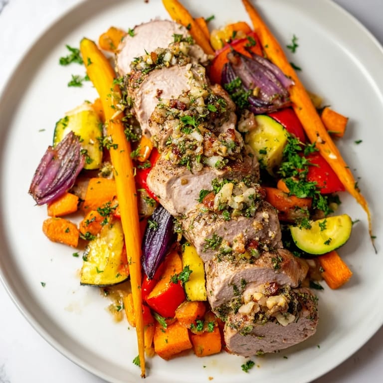 Tender, juicy Roasted Garlic Pork Tenderloin nestled with vibrant roasted bell peppers, carrots, and onions, delicious!