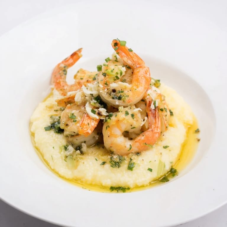 Golden-brown shrimp and cheesy grits, swimming in garlic butter, a delicious Southern Shrimp & Grits dish.