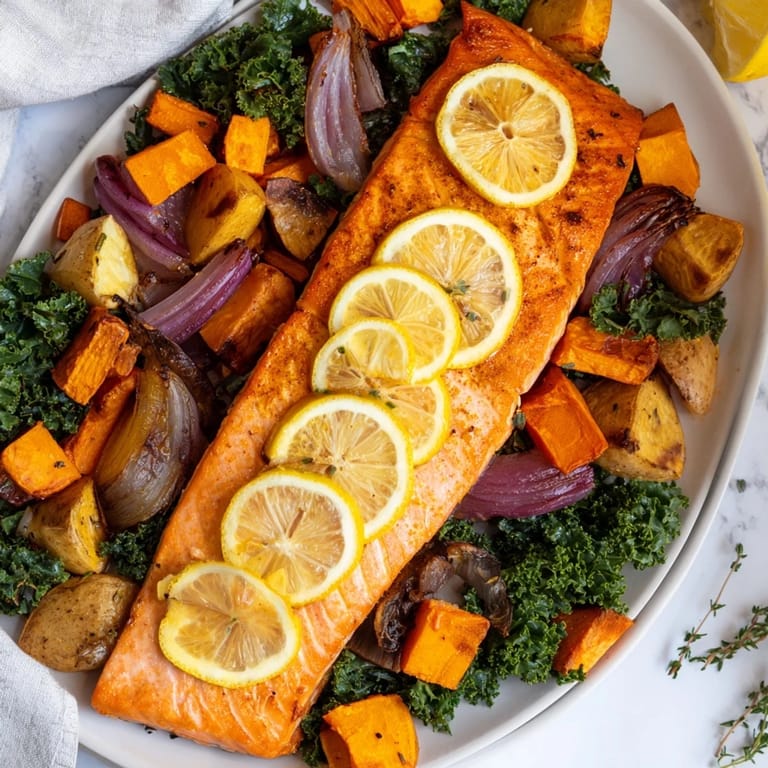 Enjoy a healthy serving of Sheet-Pan Salmon with colorful roasted root vegetables and greens.
