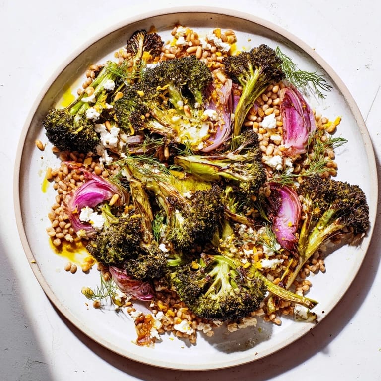Vibrant image: Warm roasted broccoli, the featured ingredient in this farro recipe.