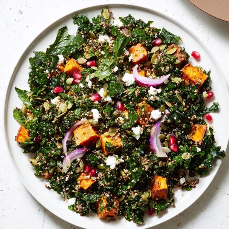 Fluffy quinoa combines with sweet potato in this colorful Kale & Quinoa Salad recipe.