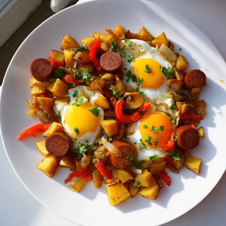 A skillet of savory Egg & Potato Hash with Hot Dogs, ready to enjoy with soft egg yolks.