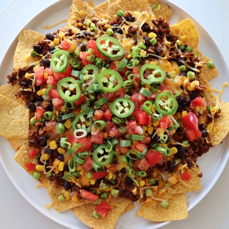 A delicious sheet-pan nacho creation, piled high with cheese, vegetables, ready for flavor.