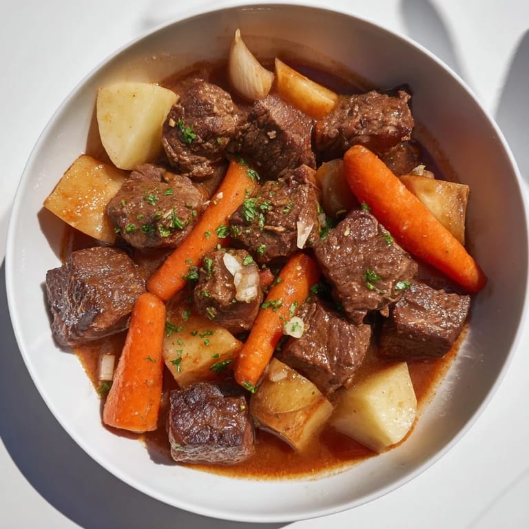Close-up of hearty Instant Pot beef stew, featuring chunks of beef and comforting root vegetables.