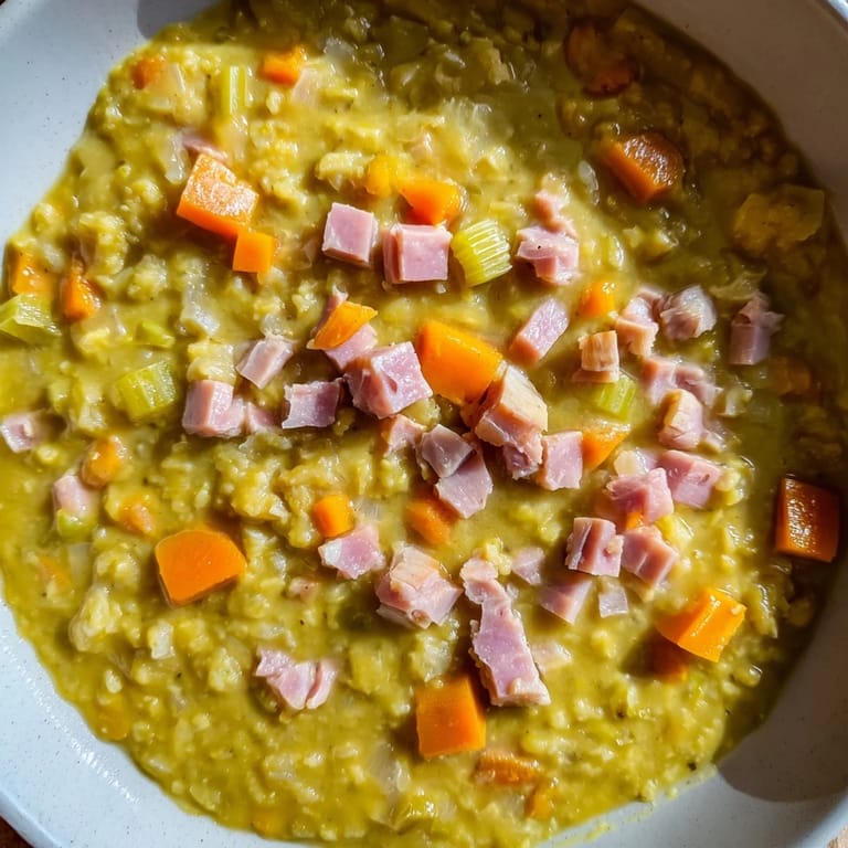 A close-up photo of the Hearty Split Pea and Ham Soup, showcasing a thick, savory texture.