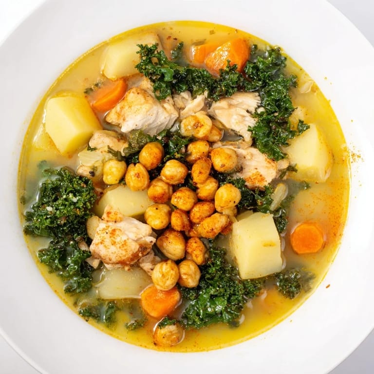A vibrant photo of Chicken Kale Soup with Crispy Chickpeas; imagine the aroma and hearty textures.