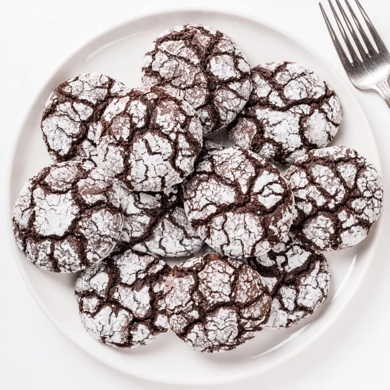 A close-up of delicious Chocolate Crinkle Cookies, hinting at their soft texture and chocolatey goodness.