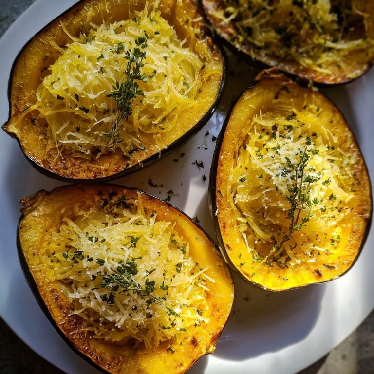 Close-up of baked Caramelized Onion Gruyere Squash, showcasing caramelized onions and herbs within tender squash.