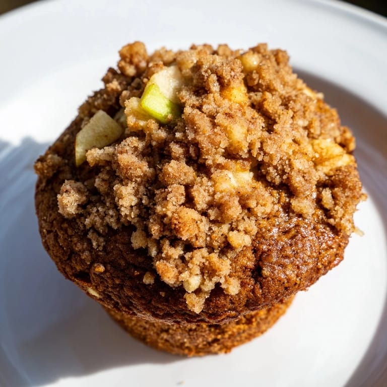 Warm, freshly baked tasty apple muffins with a delicious, crunchy crumb topping sprinkled on top.