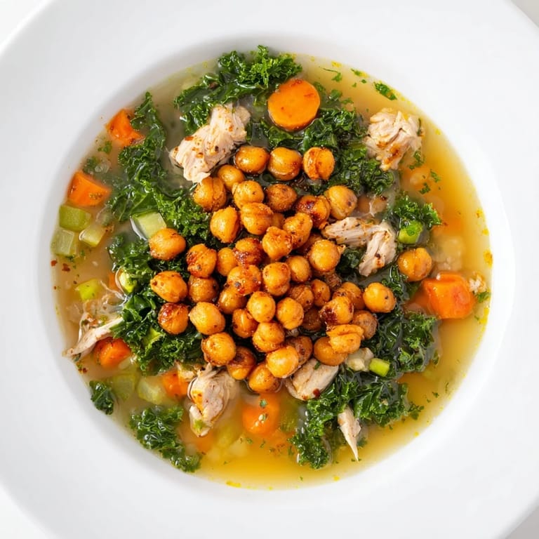 Warm Chicken Kale Soup bubbling in a pot, garnished with a generous serving of crispy chickpeas.