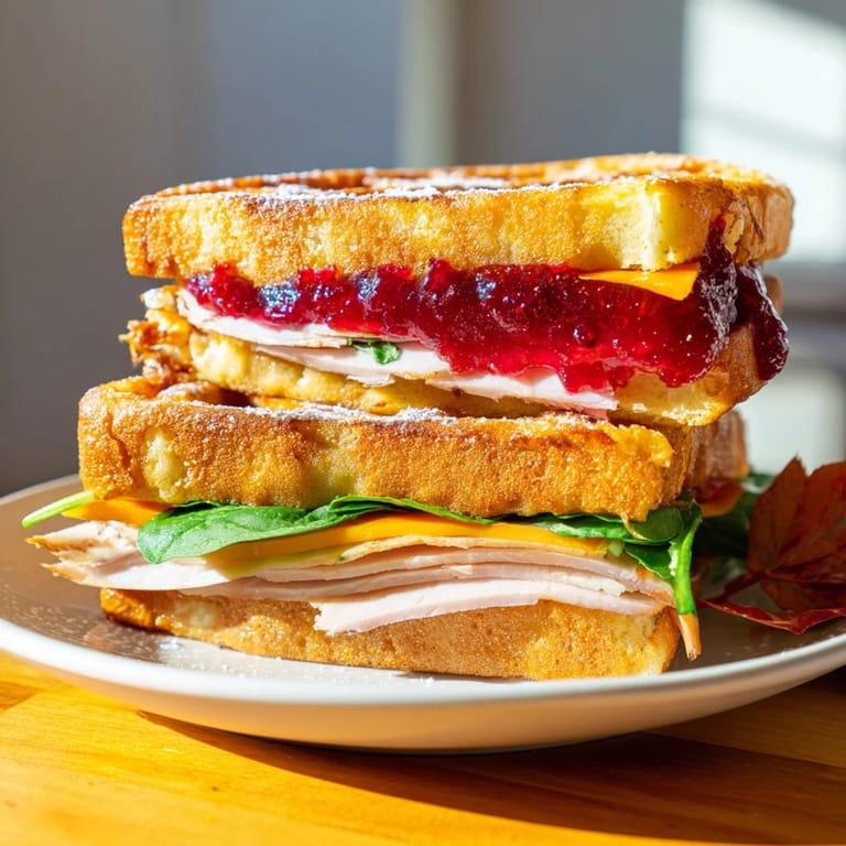 Sizzling griddle with the Easy Holiday Waffle Sandwich, melting cheese and golden, toasted waffles inside.