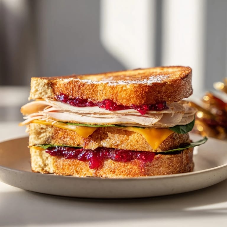 A close-up of a festive Easy Holiday Waffle Sandwich, showing turkey, cranberry, and melty Swiss cheese.