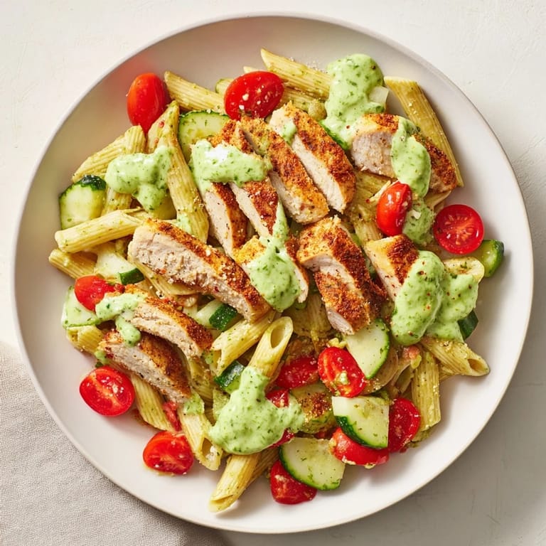 This Peruvian Aji Verde Chicken Pasta Salad features tender chicken and vibrant veggies, tossed with a spicy sauce.