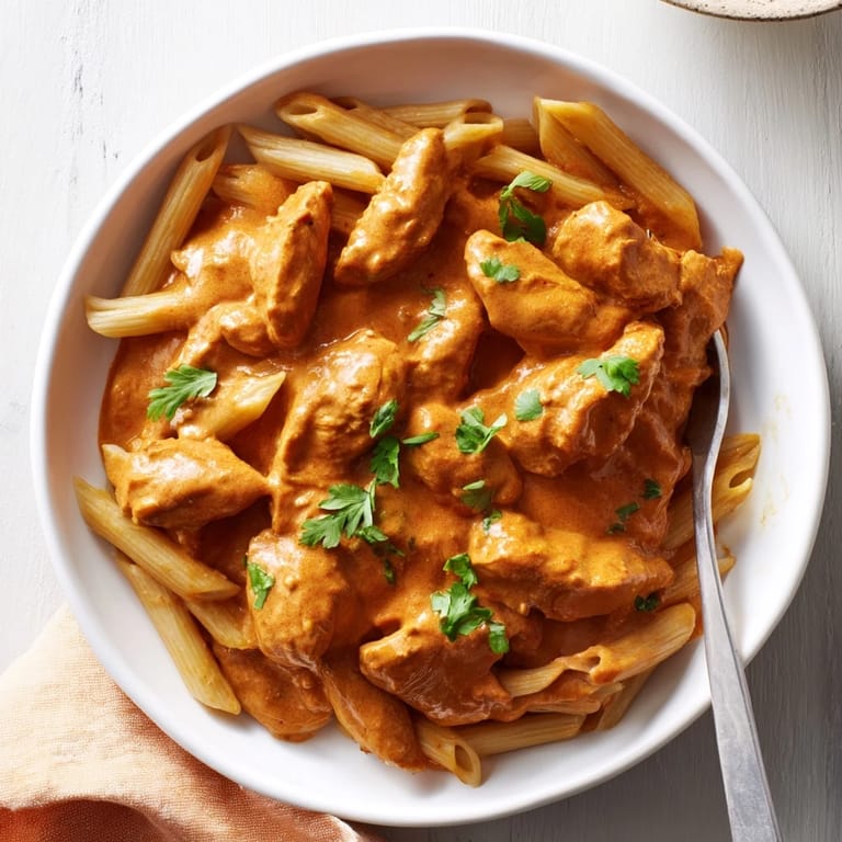 Imagine the aroma: a vibrant bowl of Chicken Tikka Masala Pasta, showcasing the creamy sauce with tender chicken.