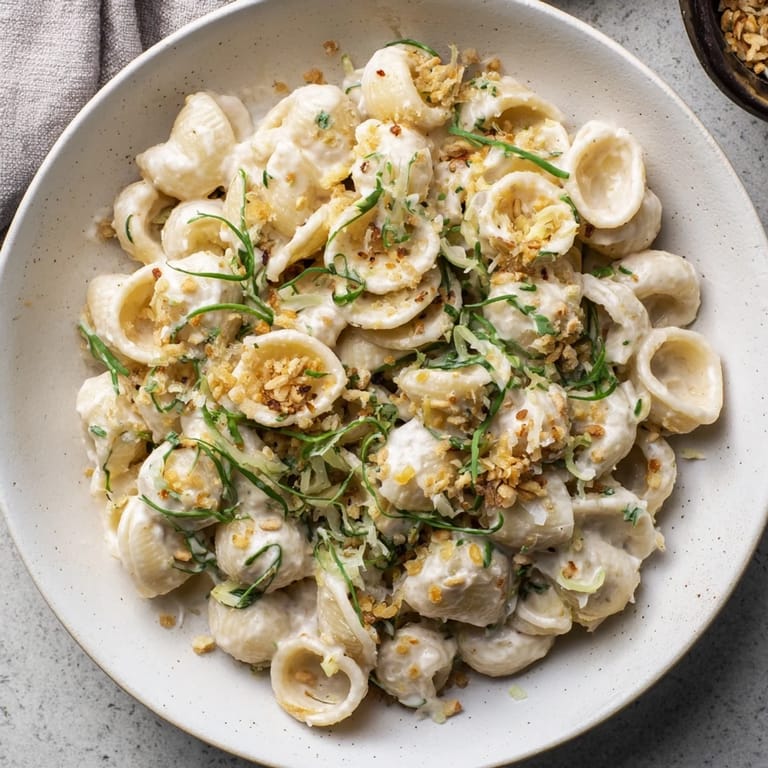 Textured close-up of Japanese-inspired creamy miso ditalini, showing the perfectly coated pasta and sesame seeds.