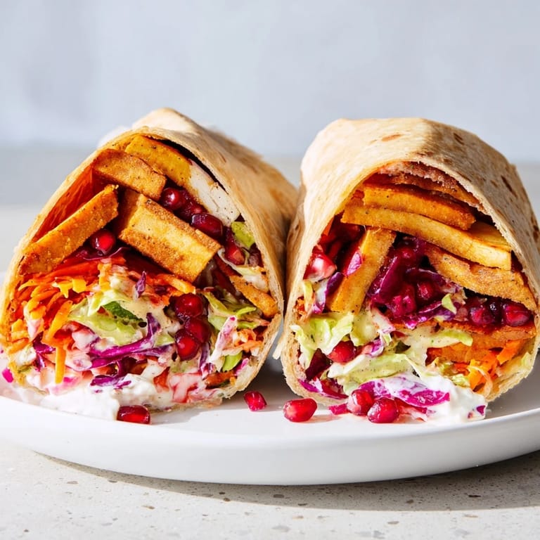 A close-up of a sweet chili tofu crunch wrap, showing crispy tofu and festive slaw ingredients.