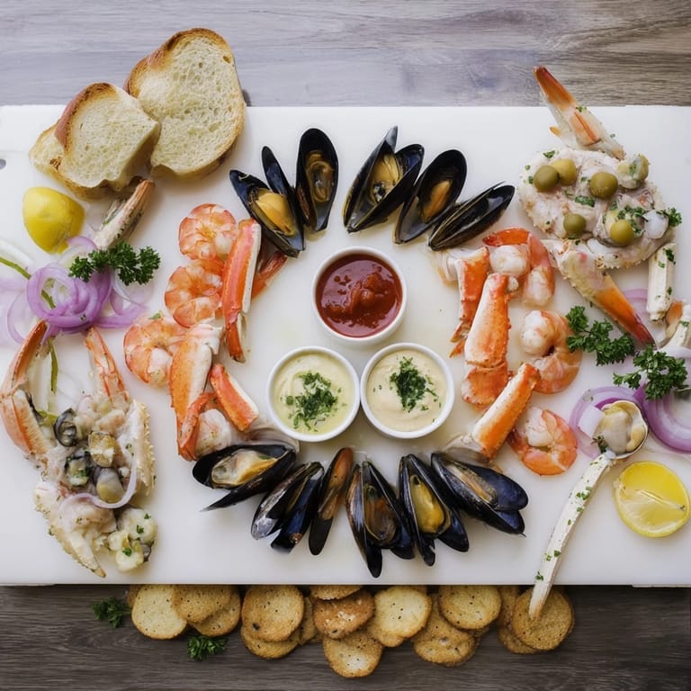 A vibrant Starfish & Shell Appetizer Board with shrimp, scallops, and crab, perfect for entertaining guests.