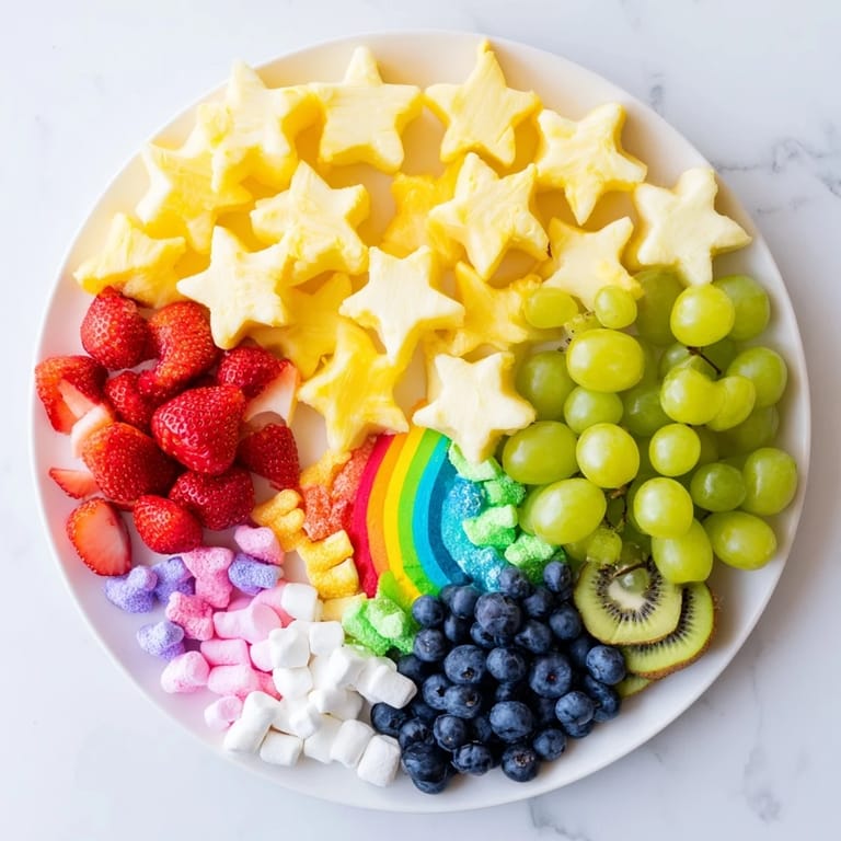 A vibrant Unicorn Party Platter, full of rainbow snacks, perfect for a children's birthday celebration.