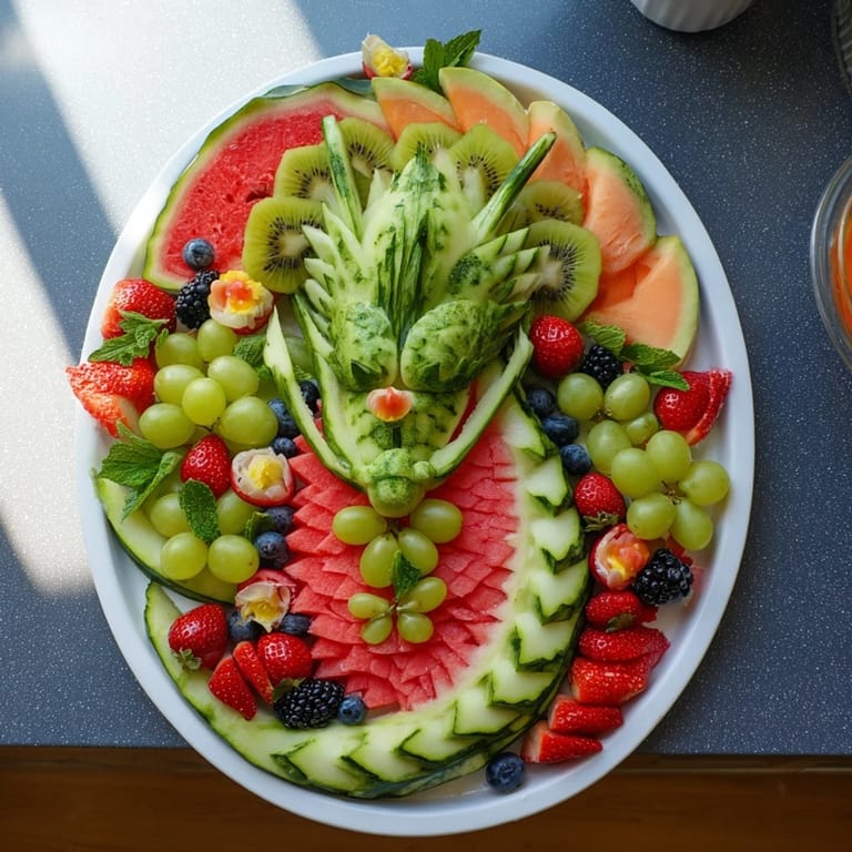 A whimsical dragon-shaped fruit tray showcases a healthy medley of melon slices, berries, and grapes.
