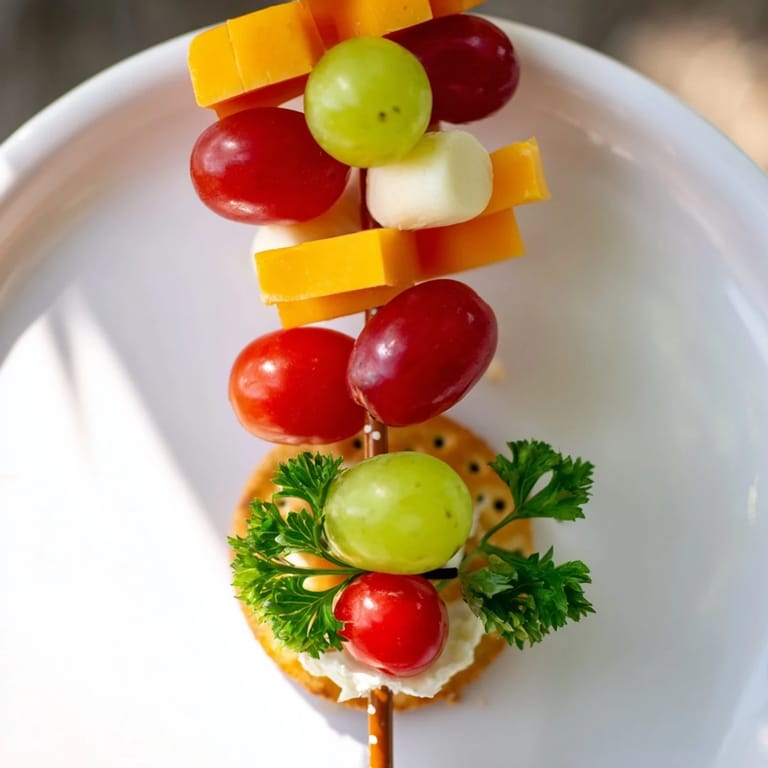 Eye-catching Up, Up, & Away Hot Air Balloon Snacks display vibrant fruits and cheeses on pretzel sticks.