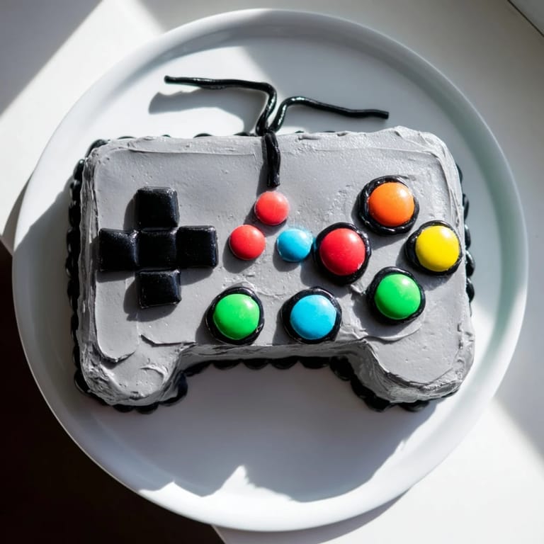 This delicious Pixel Perfect Video Game Controller Board cake features a gray base and colorful buttercream details for gamers.