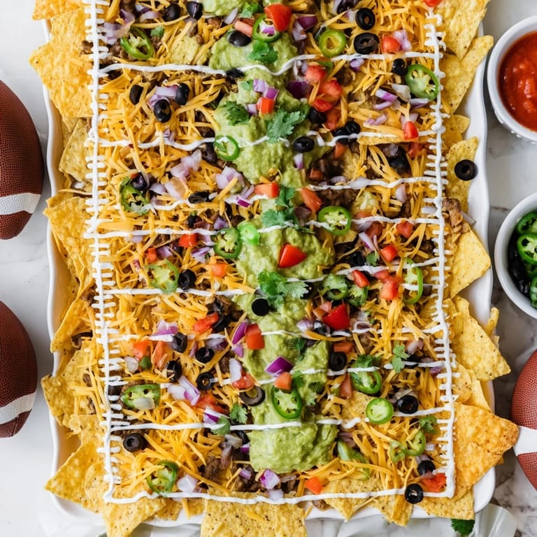 Game day calls for this delicious Football Field Nacho Platter, layered with beans, cheese and meat.