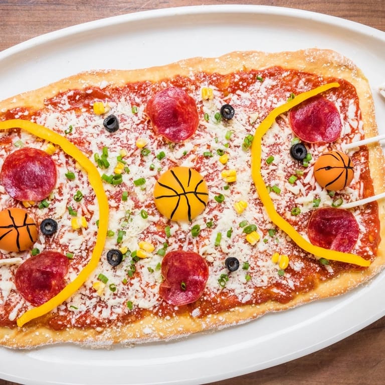 A close-up of a Basketball Court Pizza, with melted cheese and olives for free throws.