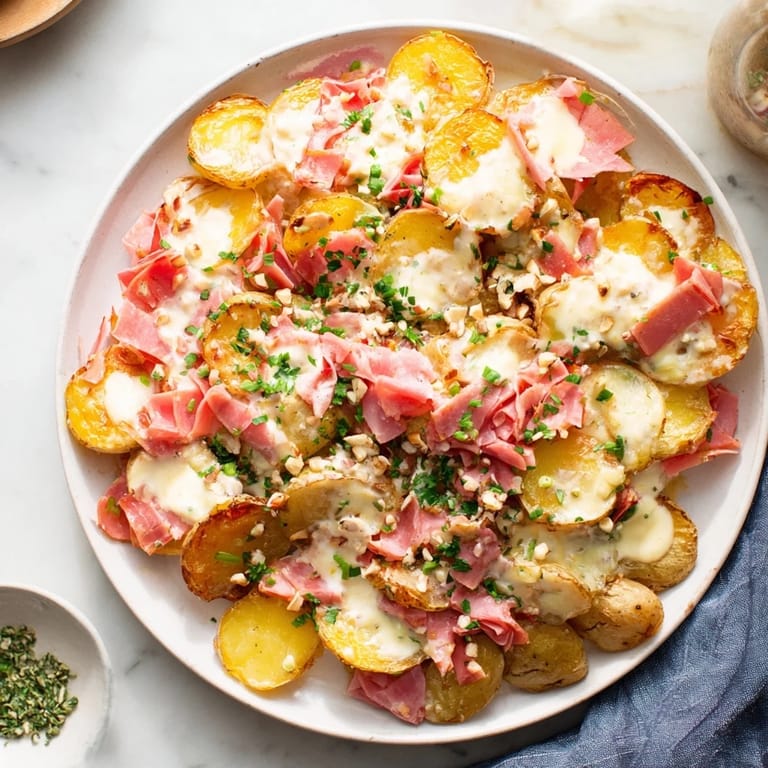 Savory diced ham and Gruyère cheese top the delicious Plateau Moufle Chaud et Confortable dish.