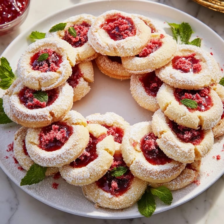 The image highlights the beautifully assembled Sweet Raspberry Wreath cookie platter, perfect for a holiday treat.