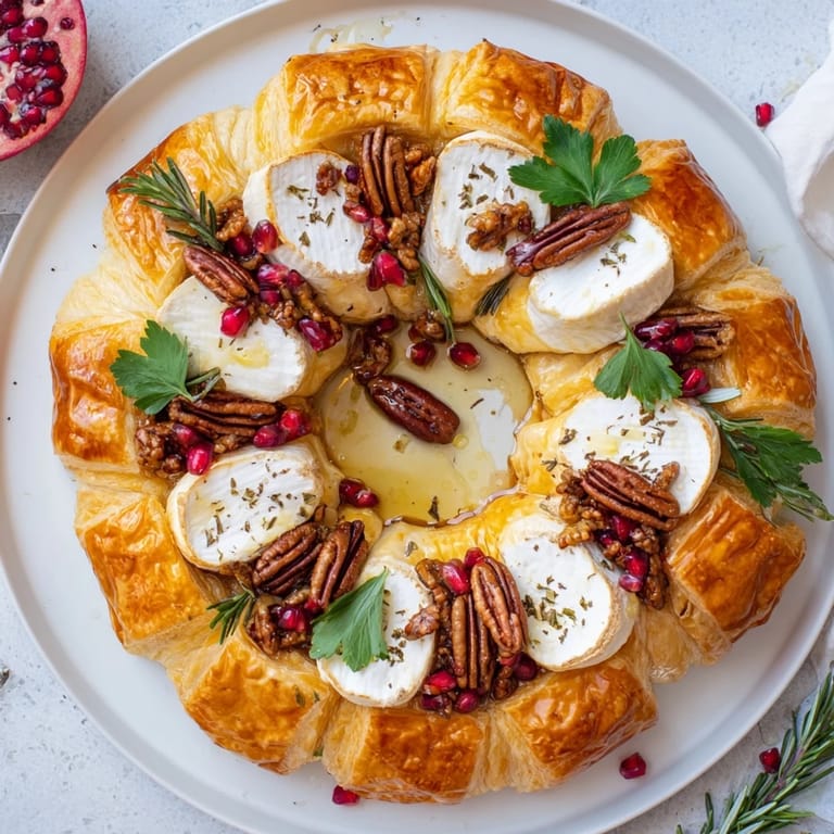 A warm, golden Pomegranate and Brie Wreath with fresh herbs, perfect for holiday gatherings and parties.