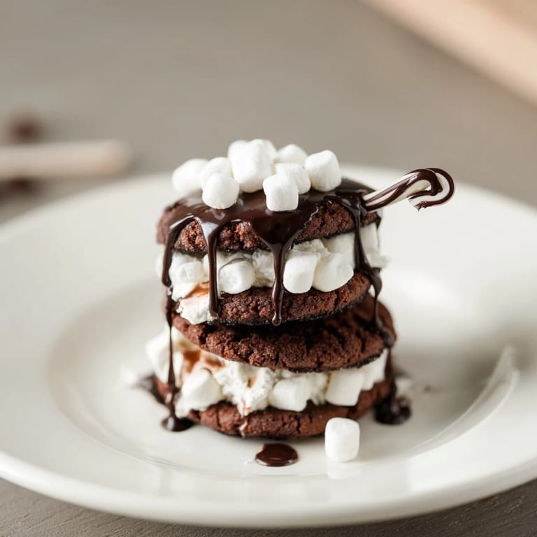 Warm, chocolatey Hot Cocoa Mug Cookie stacks: a delicious dessert topped with mini marshmallows and chocolate drizzle.