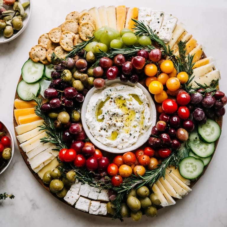 A close-up of The Evergreen Wreath Board appetizer with colorful fruits, nuts, and a flavorful dip centerpiece.