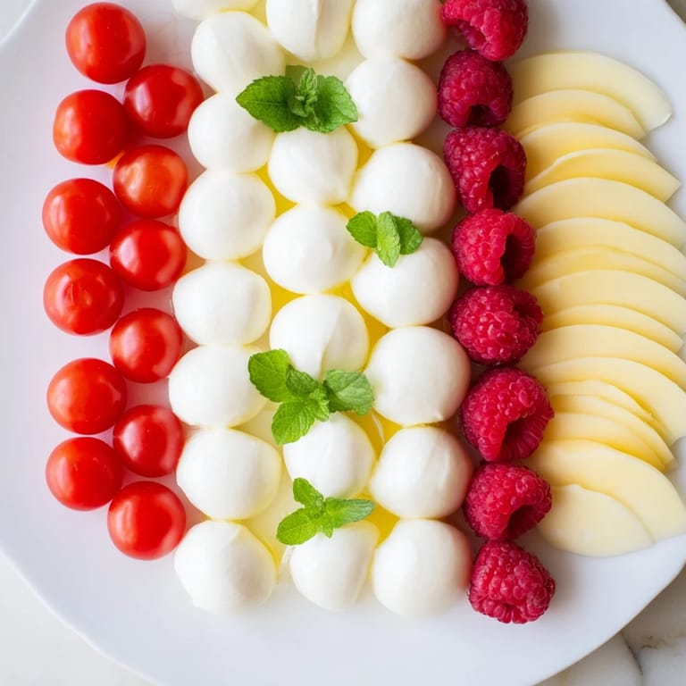 Fresh mint garnishes a beautiful Peppermint Stripe Celebration platter with crackers, cheese, and red accents.