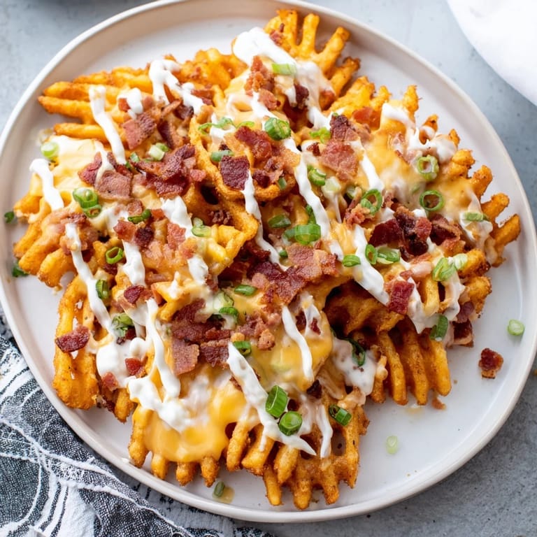 A close-up of cheesy Loaded Sweet Potato Fries with ranch dressing, perfect for sharing as an appetizer.