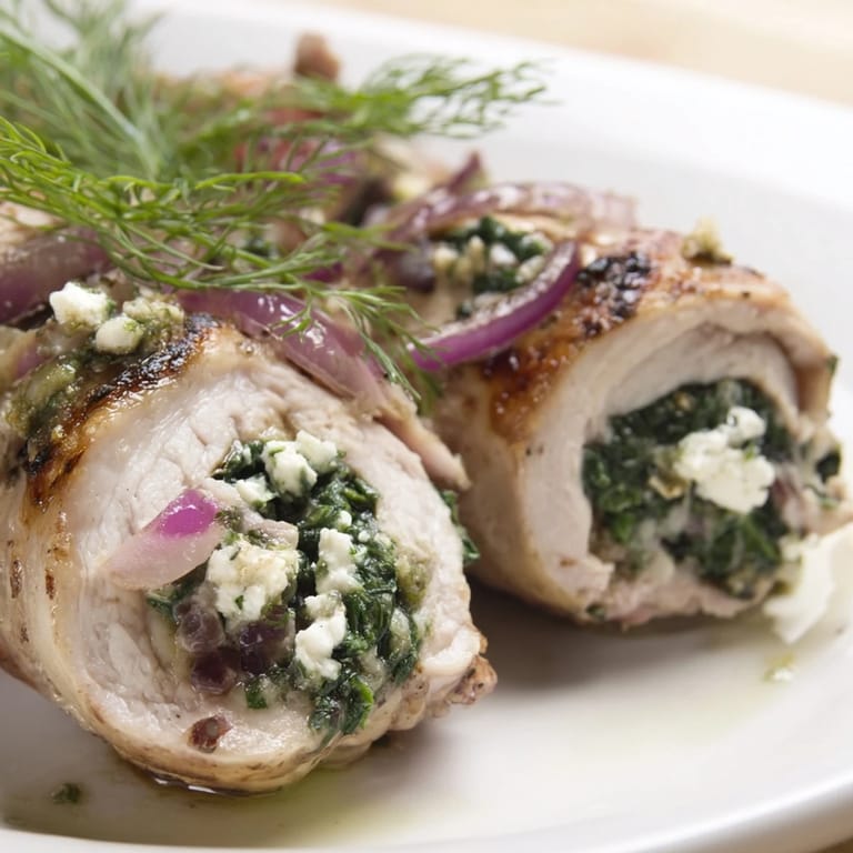 A close-up of Spinach Feta Stuffed Chicken showcasing the flavorful spinach and feta cheese inside.